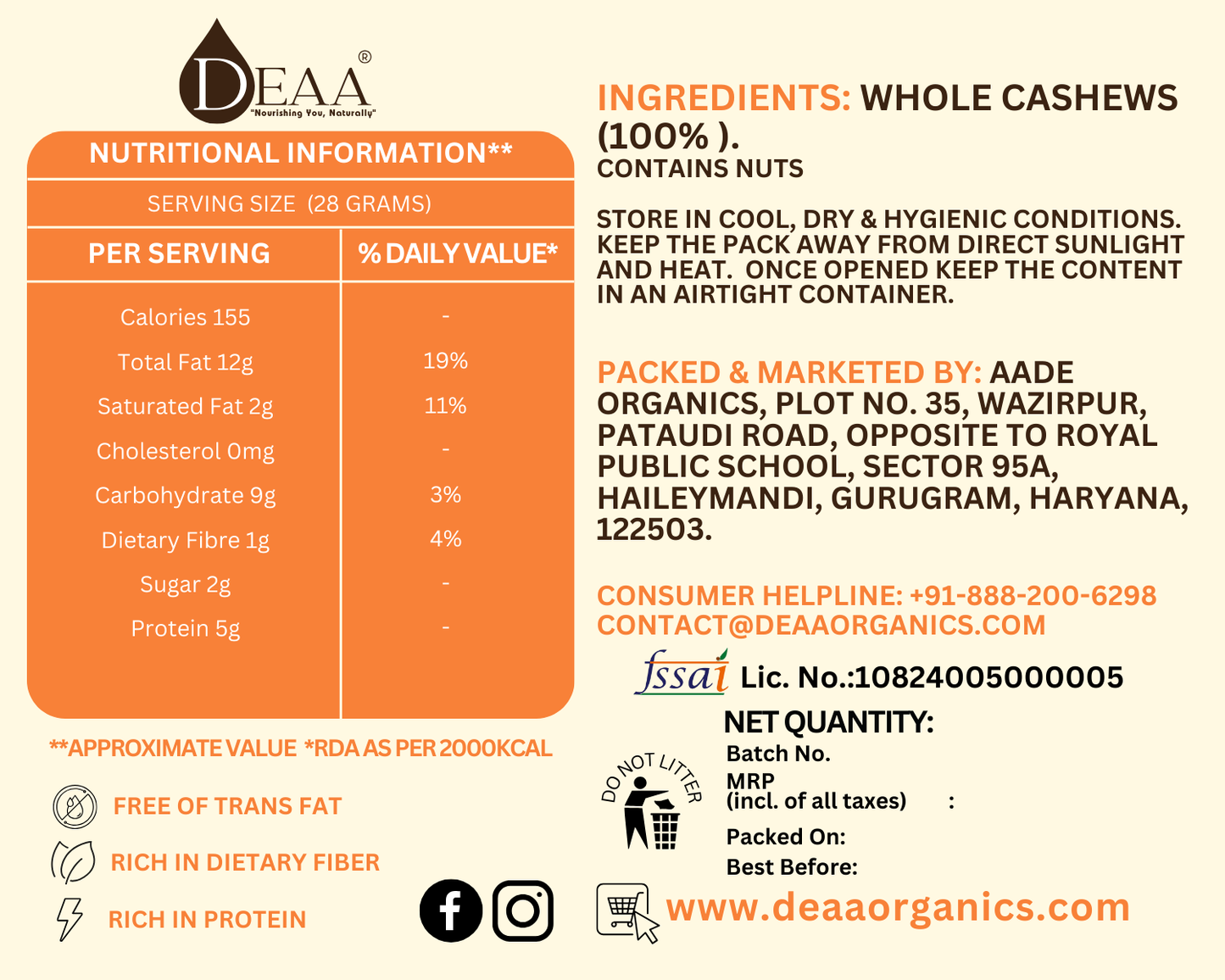 DEAA Premium Cashew Nuts - Creamy Indulgence, Naturally Superior