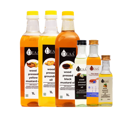 DEAA Combo 1ltr Each Black & Yellow Mustard Oil, 1ltr Groundnut Oil, 250ml Each Coconut & Flax Seed Oil & 100ml Almond Oil