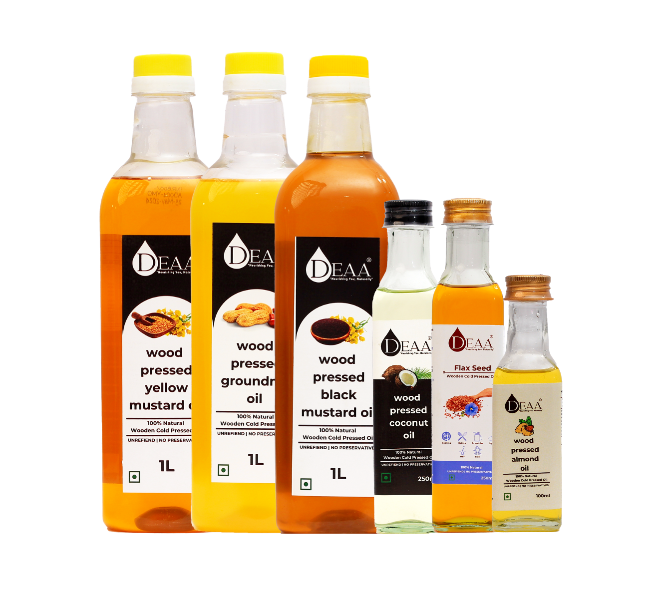 Save More With DEAA Combos 1ltr Each Black & Yellow Mustard Oil, 1ltr Groundnut Oil, 250ml Each Coconut & Flax Seed Oil & 100ml Almond Oil